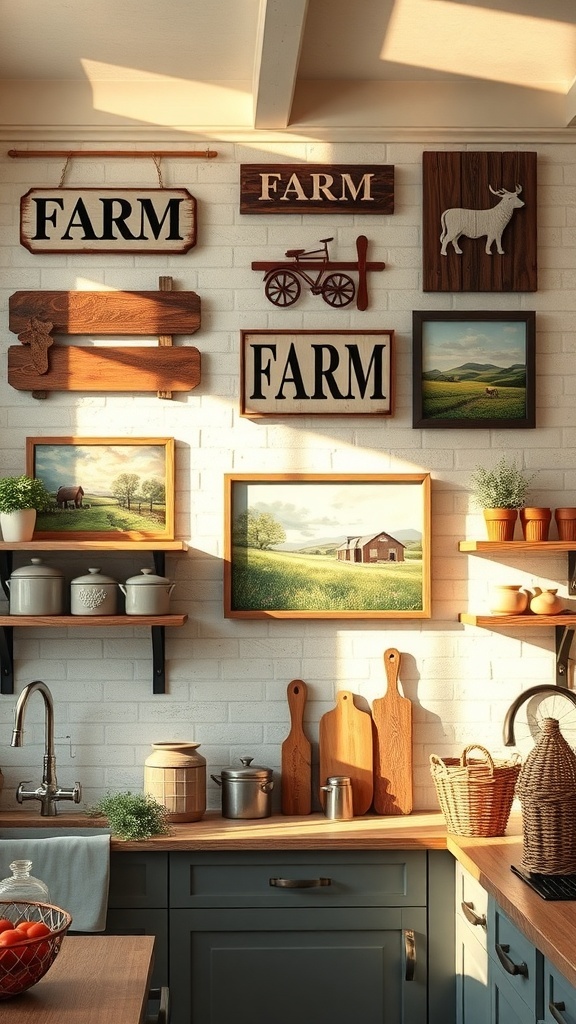 A collection of vintage farm-themed wall art in a kitchen setting.