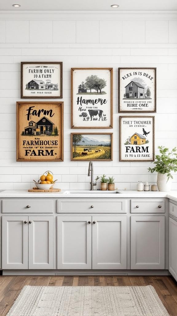 A collection of farm-inspired wall art in a farmhouse kitchen.