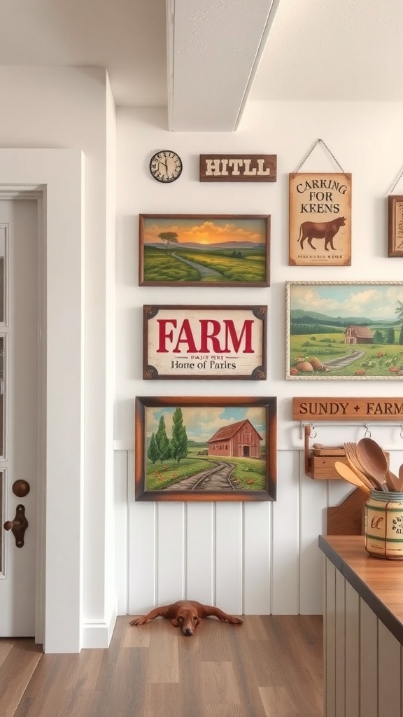 Farm-inspired wall art featuring various farm-themed signs and paintings in a kitchen setting.