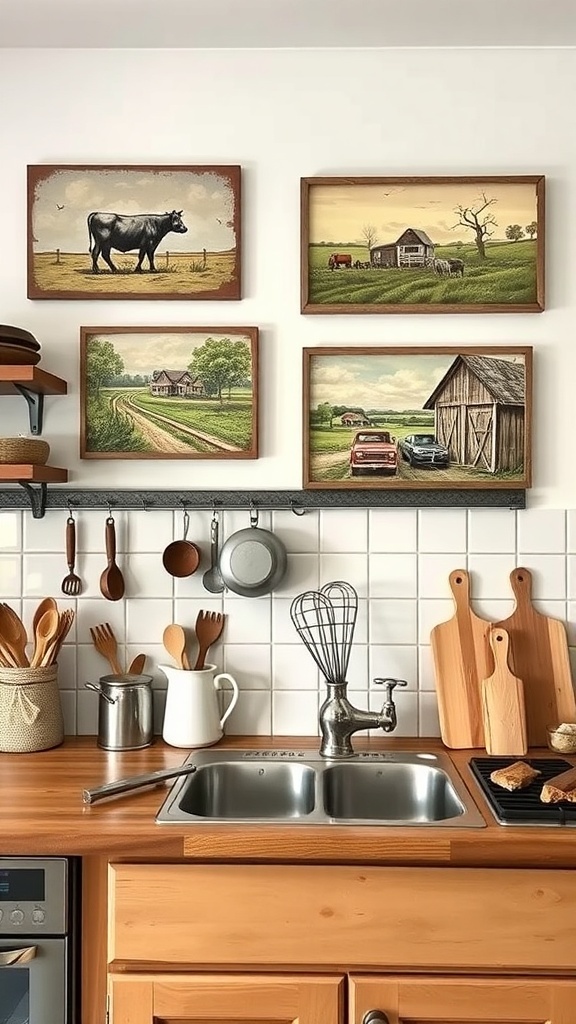Farm-inspired wall art featuring cows, barns, and country scenes in a kitchen setting.