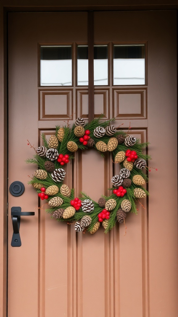 A decorative wreath made of pinecones and red berries hanging on a brown door.