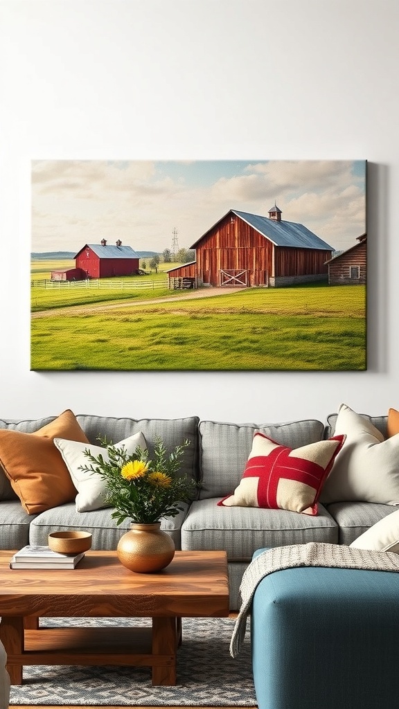 A cozy living room with a farm-themed canvas print featuring red barns and green fields.