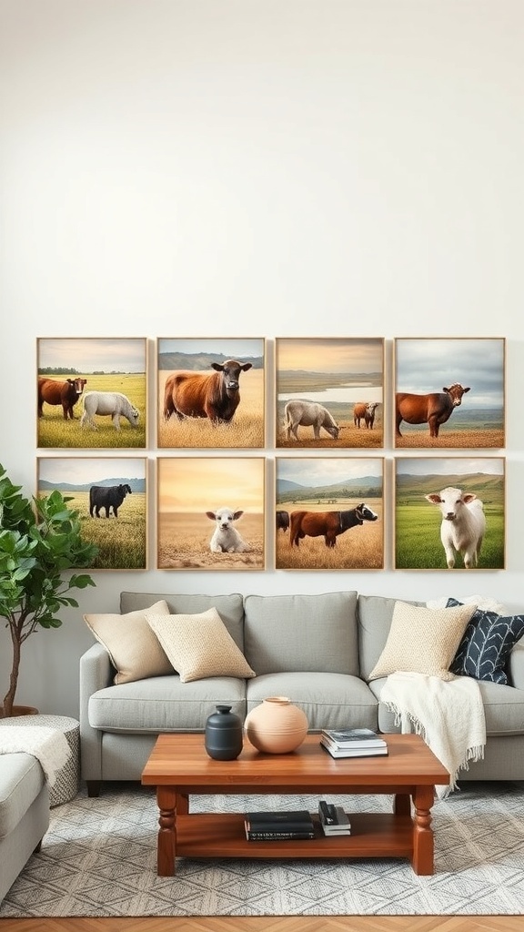 A collection of farm-themed canvas prints featuring cows and sheep on a wall above a cozy sofa.