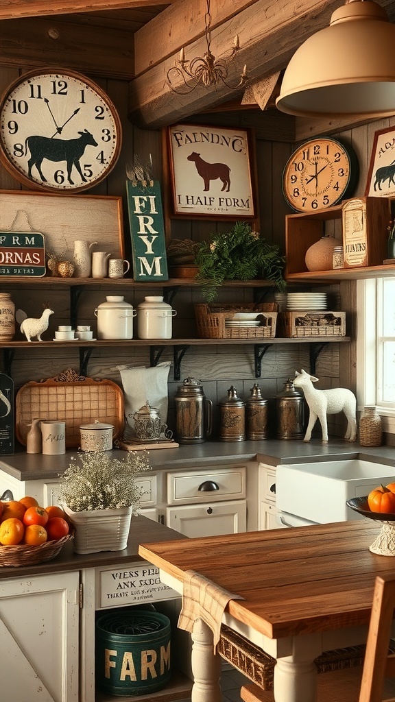 A rustic farmhouse kitchen with farm-themed decor, featuring animal clocks, open shelves with jars, and a basket of fruits.