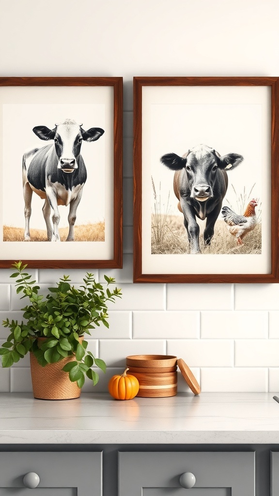 Farm animal prints of a cow and a chicken framed on a kitchen wall.