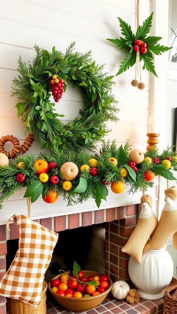 A beautifully decorated Christmas mantle featuring greenery, fruits, and rustic ornaments.