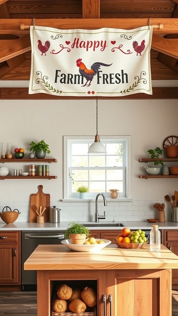 A kitchen with a 'Happy Farm Fresh' rooster banner hanging above a wooden island.