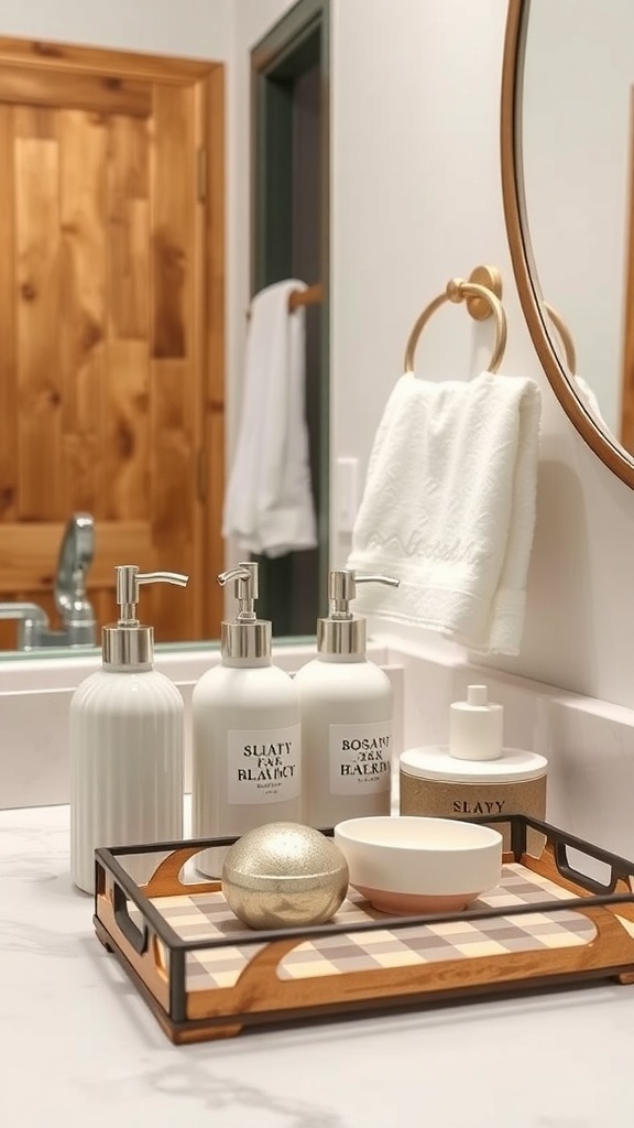 Modern farmhouse bathroom decor with soap dispensers, a tray, and towels.