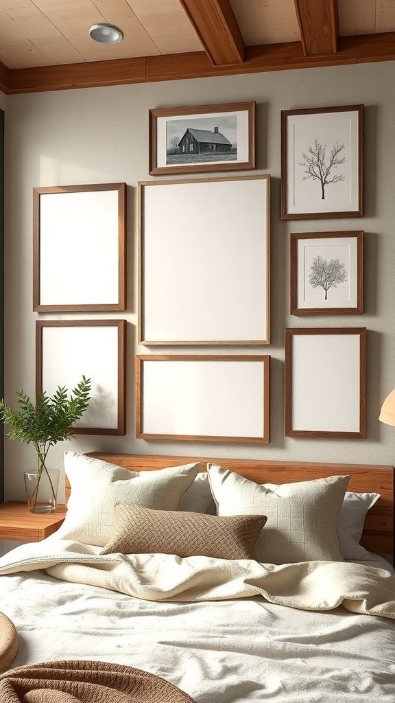 A modern farmhouse bedroom with framed artwork on the wall above the bed.