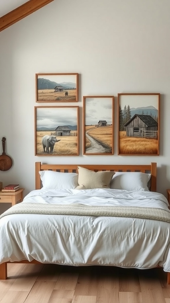 Cozy farmhouse bedroom with framed artwork on the wall.