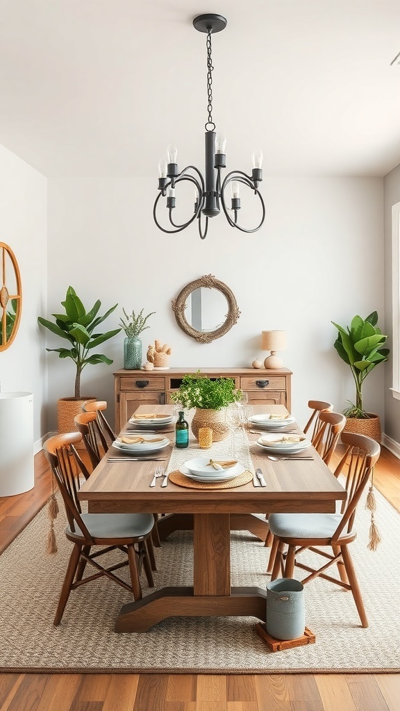 Modern farmhouse dining room with wooden table, plants, and neutral colors
