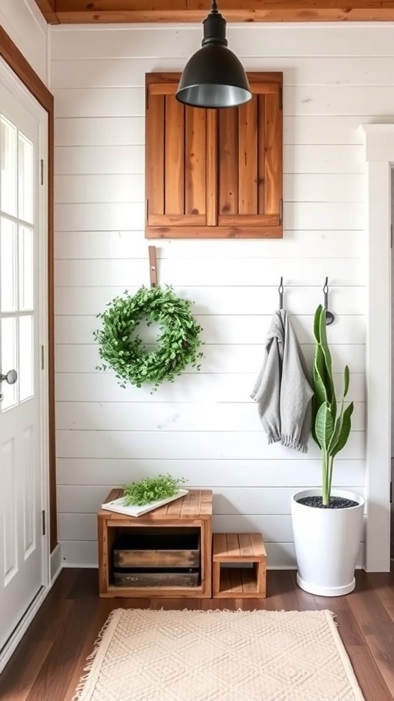 A rustic entryway featuring wooden crates, a vase, and a lantern.