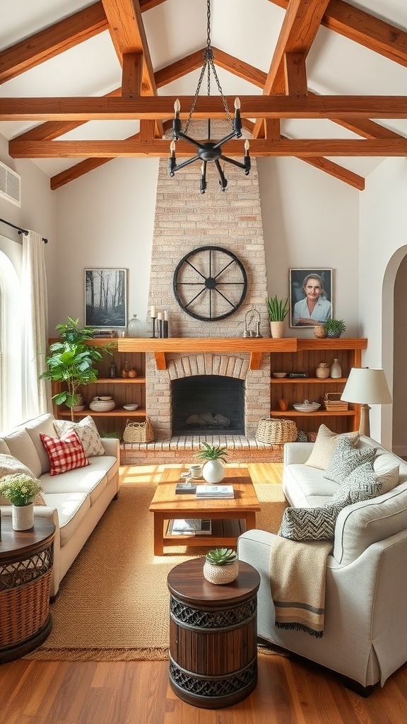 A cozy farmhouse-inspired living room with wooden beams, a stone fireplace, and comfortable seating.