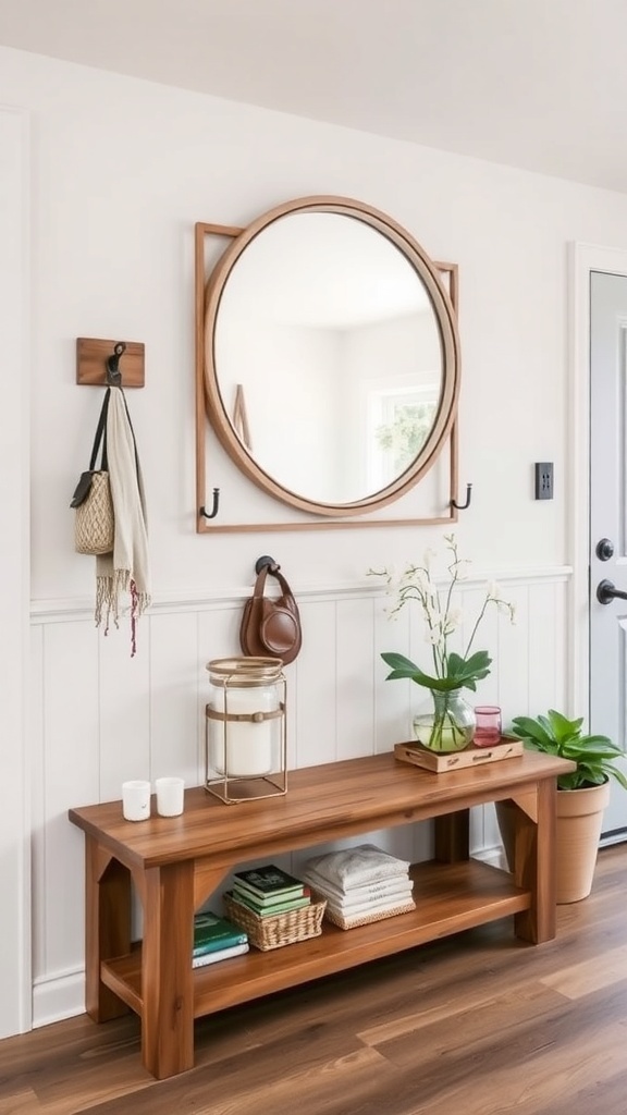 A modern farmhouse entryway featuring a wooden bench, hooks for coats, a mirror, and a potted plant.