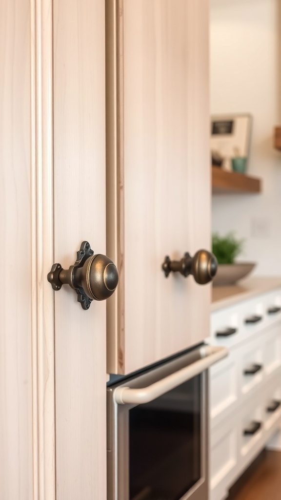 Close-up of farmhouse kitchen cabinet hardware with vintage-style knobs.