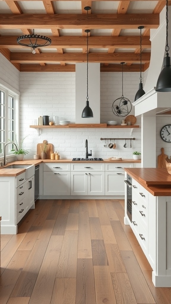 A modern farmhouse kitchen featuring white cabinetry, wooden accents, and open shelving.