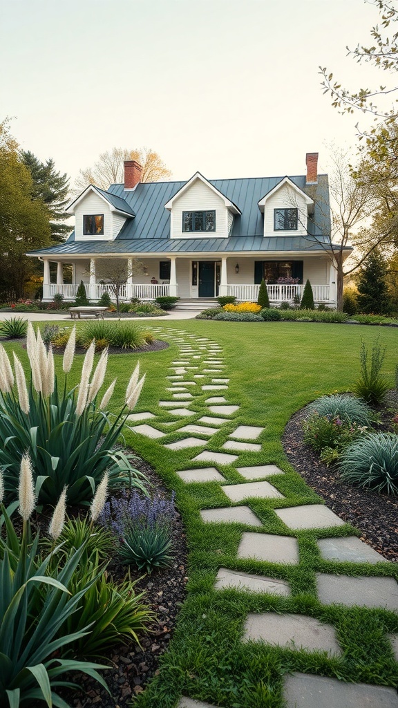 A modern farmhouse with a stone pathway and lush landscaping.