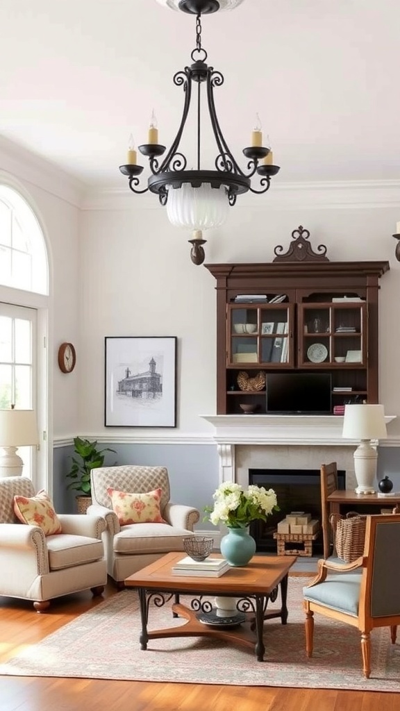 A farmhouse-style living room featuring a classic chandelier and cozy seating.