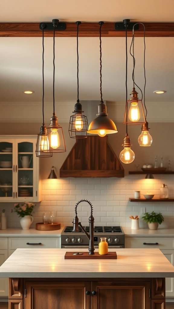 A kitchen with farmhouse-inspired lighting fixtures hanging over a countertop.
