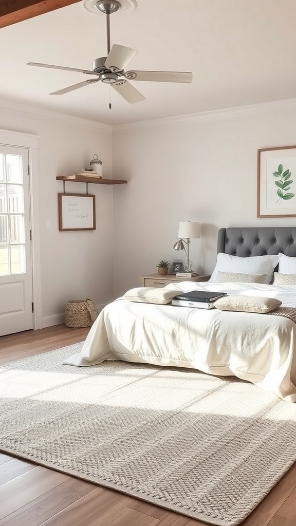A modern farmhouse bedroom featuring a soft rug, a cozy bed, and natural light.