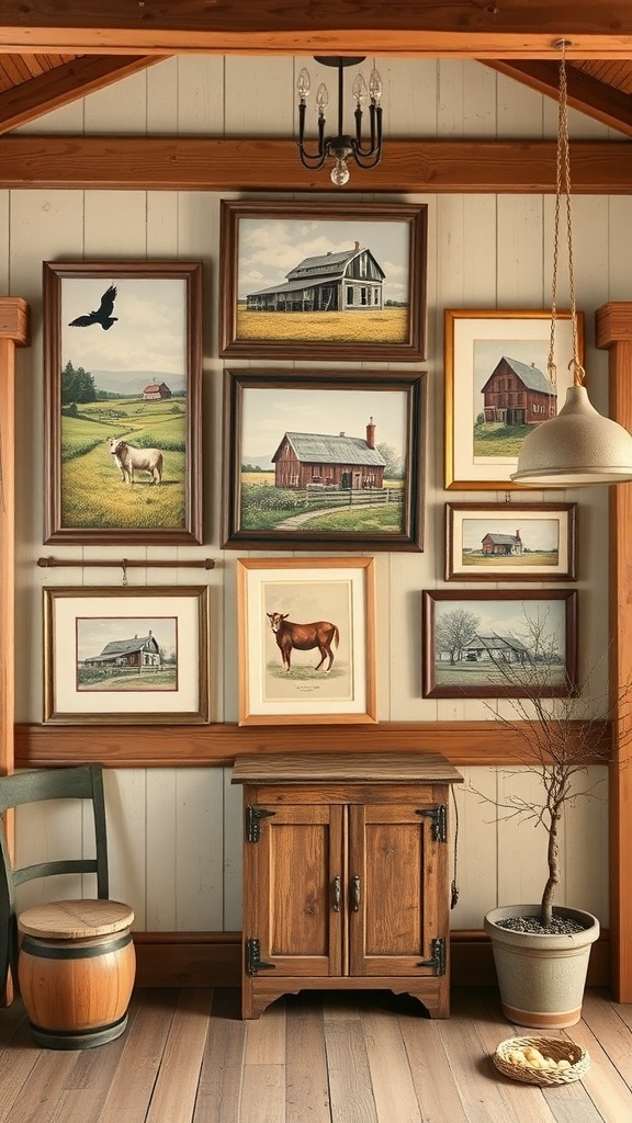 A collection of rustic farmhouse-themed wall art featuring barns, cows, and landscapes in wooden frames.