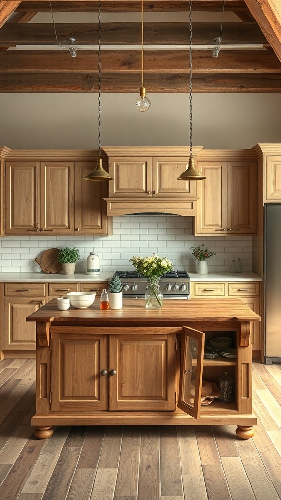 A rustic farmhouse kitchen with wooden cabinets and a central island.