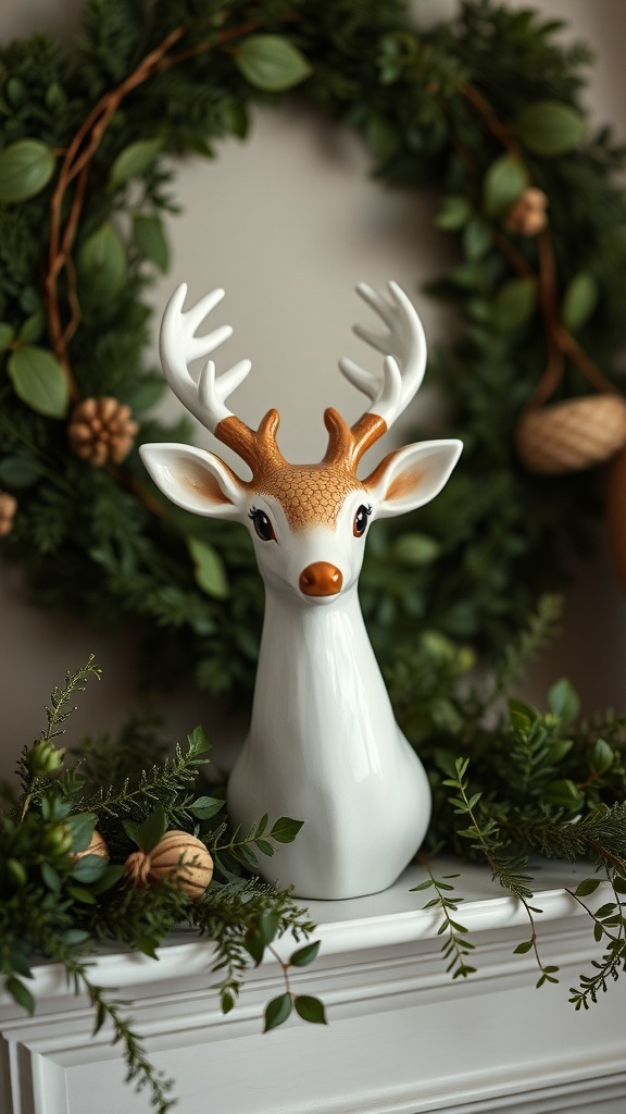 A decorative deer head sculpture with antlers, surrounded by greenery and pinecones.