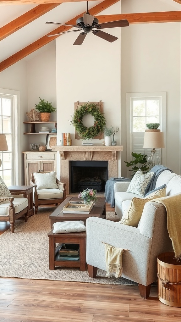 Cozy living room featuring farmhouse-style furniture with wooden accents and soft textiles.