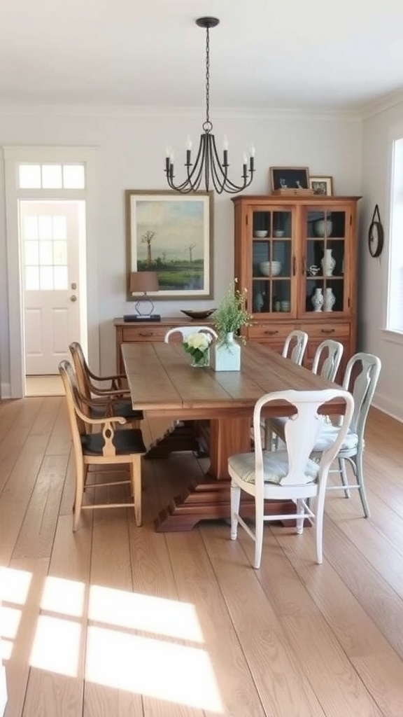 A cozy dining area featuring a large wooden table surrounded by various styled chairs, with natural light streaming in.