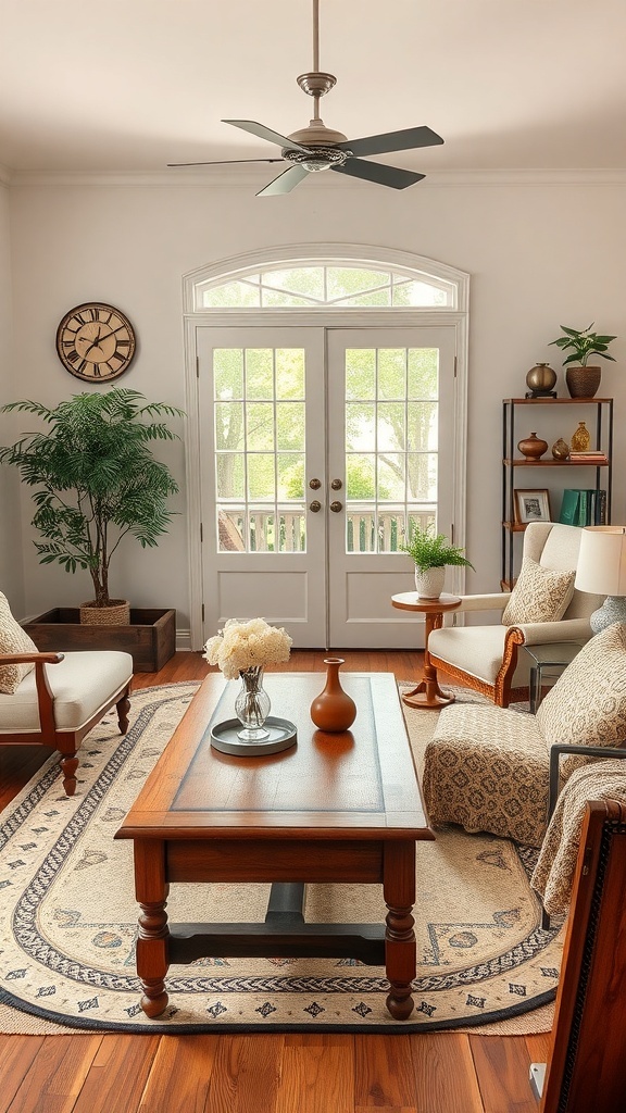Cozy farmhouse living room with wooden furniture and natural light.