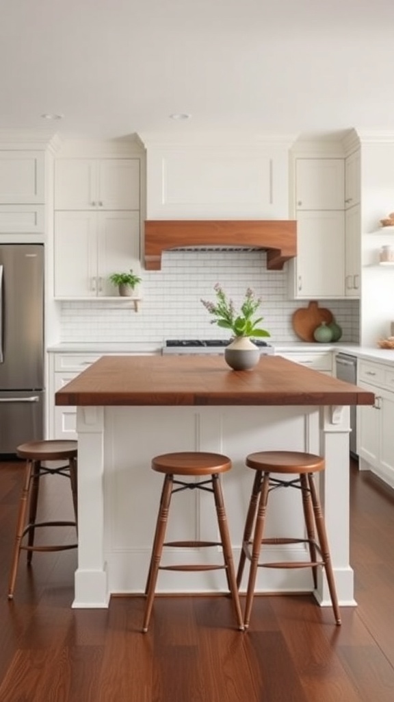 A rustic kitchen island with a wooden top and white cabinetry, featuring wooden stools.