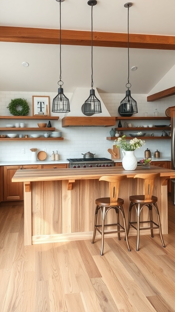 A modern farmhouse kitchen with a wooden island, bar stools, and pendant lights.