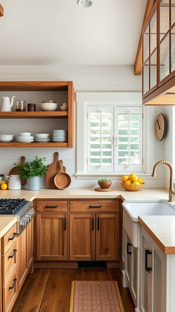 A rustic farmhouse-style kitchen with wooden shelves, a farmhouse sink, and warm tones.