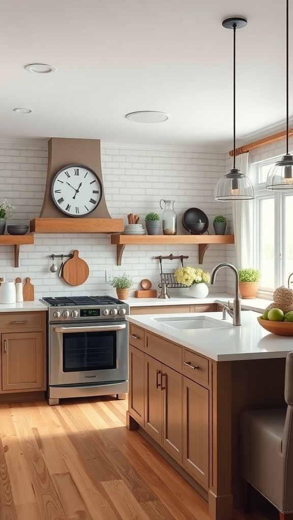 A modern farmhouse kitchen with wooden cabinets, open shelves, and a cozy atmosphere.