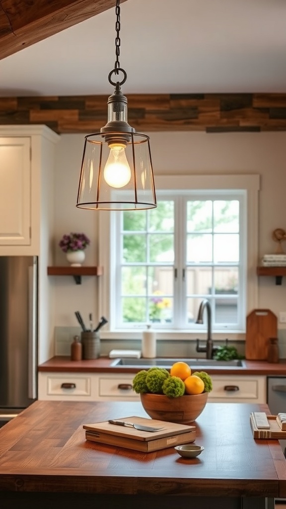 A pendant light hanging in a kitchen with farmhouse decor.