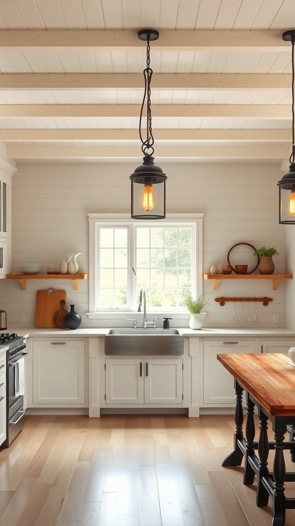A rustic kitchen with pendant lighting and wooden accents.