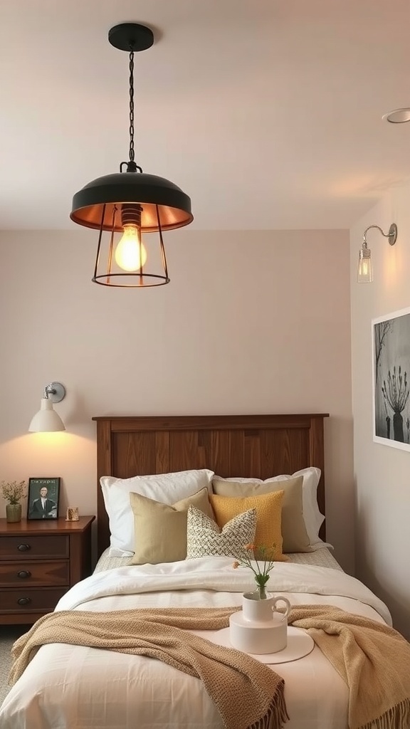 A rustic farmhouse bedroom featuring a pendant light and wall sconces.
