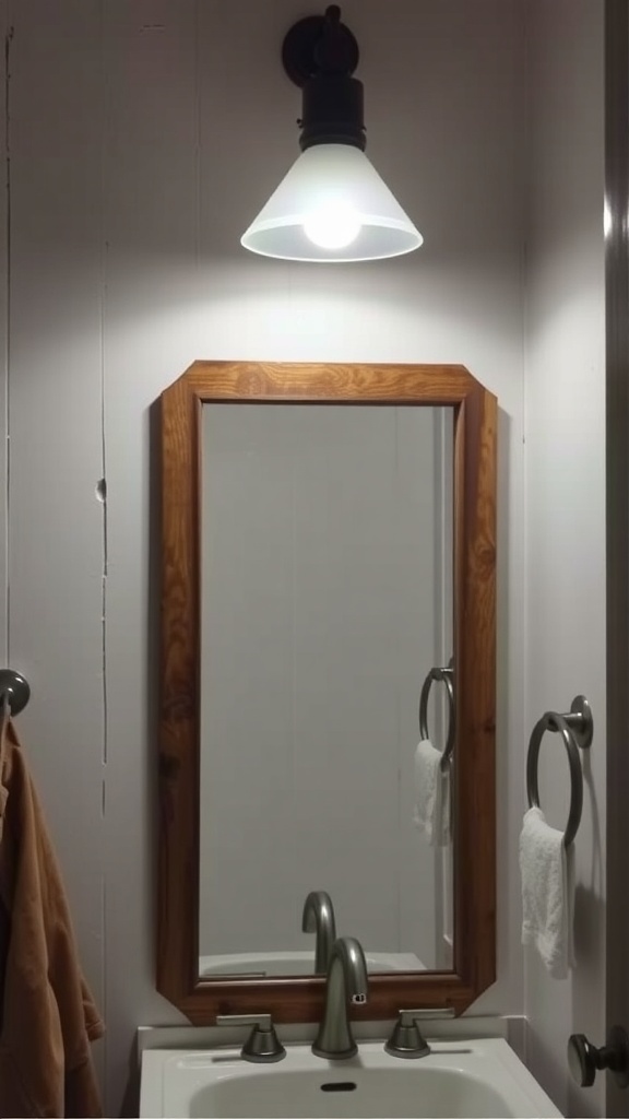 A rustic bathroom with a wooden-framed mirror and a farmhouse-style wall sconce.