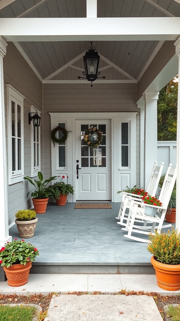 A modern farmhouse porch featuring rocking chairs, potted plants, and a welcoming entrance.