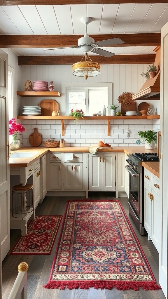 A cozy farmhouse kitchen featuring a traditional rug with rich colors, wooden accents, and white cabinetry.