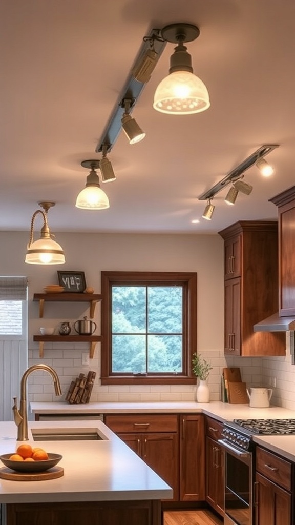 A farmhouse kitchen with track lighting featuring various light fixtures.
