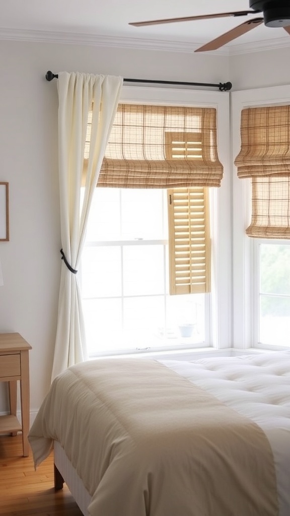 A rustic farmhouse bedroom featuring soft curtains and wooden blinds.