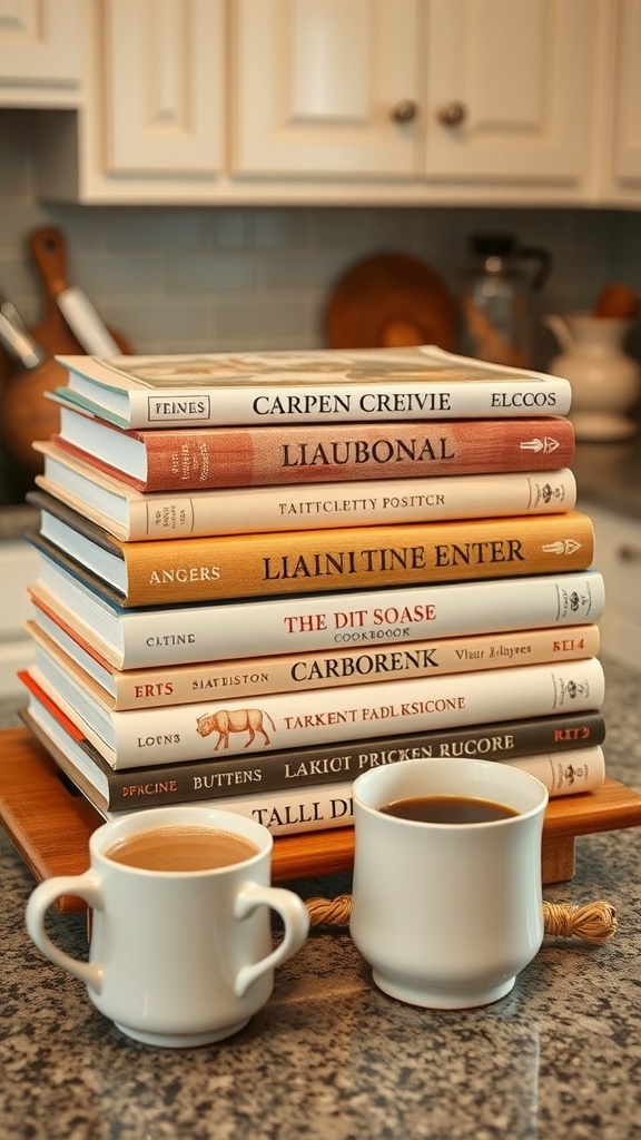 A collection of farmhouse-themed cookbooks stacked on a kitchen counter with a coffee mug beside them.