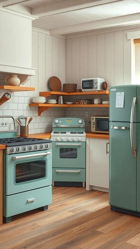 A cozy farmhouse kitchen featuring vintage-style mint green appliances.