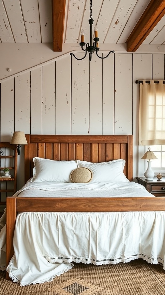 Rustic bed frame in a farmhouse chic style bedroom.
