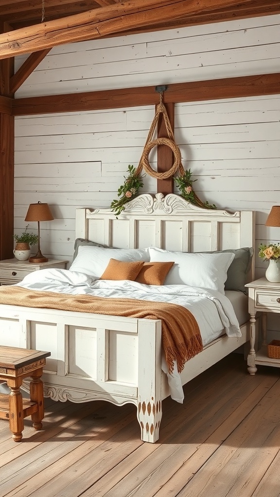 A rustic bed in a farmhouse style room with white walls and wooden beams.