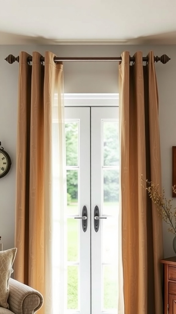 Farmhouse style curtains hanging on a curtain rod above French doors