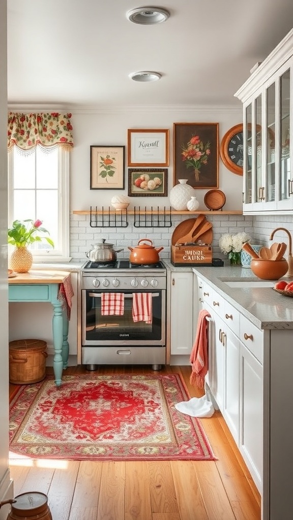 A cozy farmhouse kitchen with vintage decor, colorful dish towels, and a patterned rug.