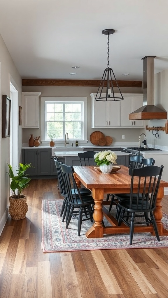 A contemporary farmhouse dining area with a wooden table, black chairs, and plants.