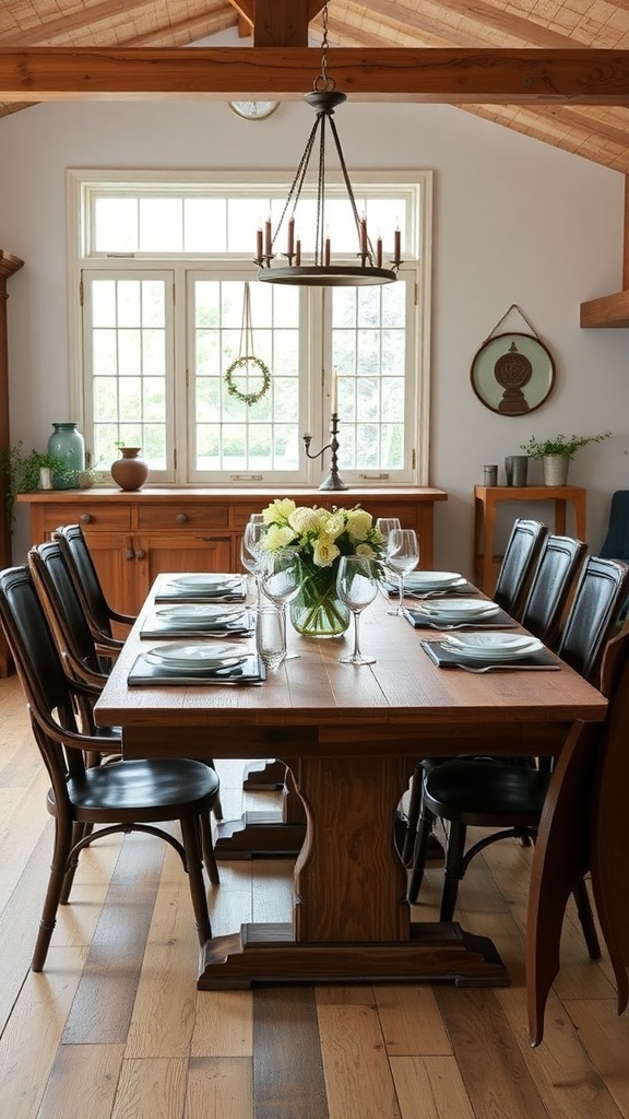 A modern farmhouse dining room with a wooden table set for dinner.